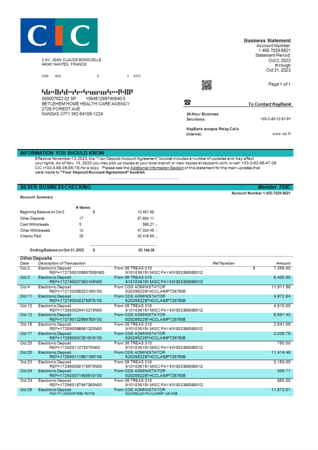 Modèle Word et PDF de relevé d'entreprise de la Banque CIC
